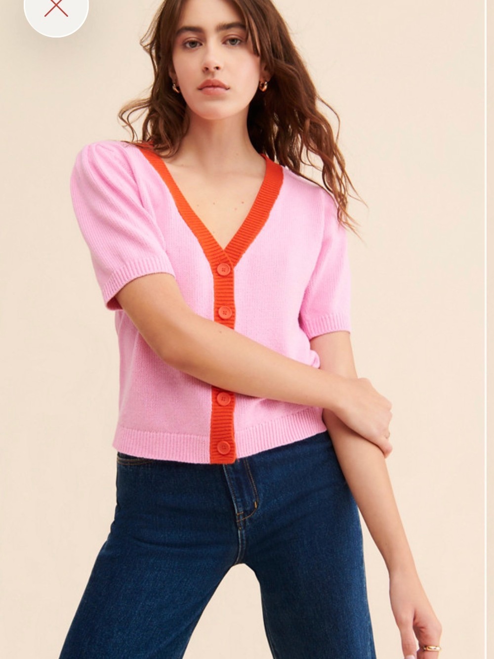 Levi's Pink Short-Sleeve V-Neck Cardigan with Orange Trim